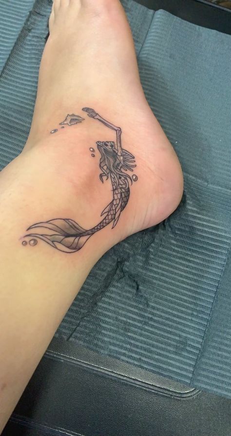 Mermaid Foot Tattoo, Skeleton Fish Tattoo, Mermaid Skeleton Tattoo, Skeleton Mermaid Tattoo, Skeleton Mermaid, Motherhood Tattoos, Tattooed People, Mexico Tattoo, Tattoo Thoughts