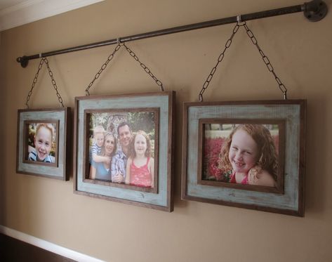 Iron Pipe Family Photo Display from Kruse's Workshop -- creative way to display photos Trendy Shower Curtain, Diy Photo Display, Display Family Photos, Rustic Picture Frames, Rustic Pictures, Display Frames, Decorative Hand Towels, Family Diy, Hunter Douglas