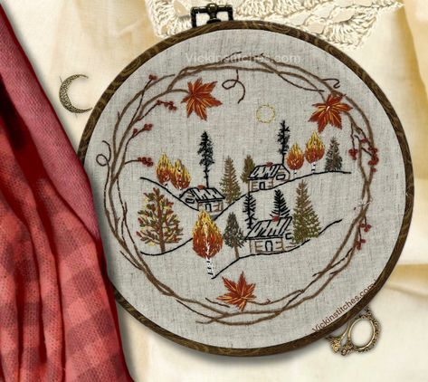 Autumn woodland beginner embroidery kit.  Autumn cabin in the forest hand embroidery kit for beginners. Fall season nature autumn leaf Easy  This fun cabin in the woodlands  hand embroidery kit is a 8" design on quality fabric that features cabins in an autumn woods. This stunning diy embroidery kit features a lovely scene of  beautiful stitched trees. Easy-to-follow step by step instructions make it  possible for even beginning embroiderers to create a beautiful art piece.   Complete all includ Autumn Cabin, Forest Embroidery, Cabin In The Forest, Autumn Quilt, Autumn Woods, Nature Autumn, Beginner Embroidery, Beginner Embroidery Kit, Wood Wreath