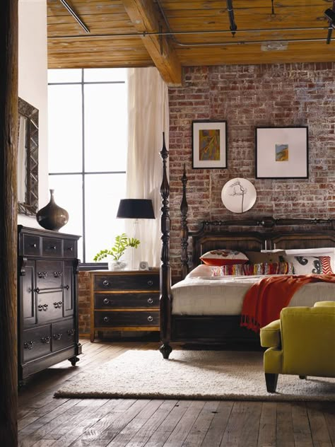 Love the - Brick Wall - the Farmhouse Style Bed & the Large Window Bedroom Brick Wall, Brick Wall Bedroom, Dark Wood Bedroom Furniture, Brick Bedroom, Dark Wood Bedroom, Dark Wood Bed, Wood Bedroom Furniture, Sanctuary Bedroom, Brick Walls