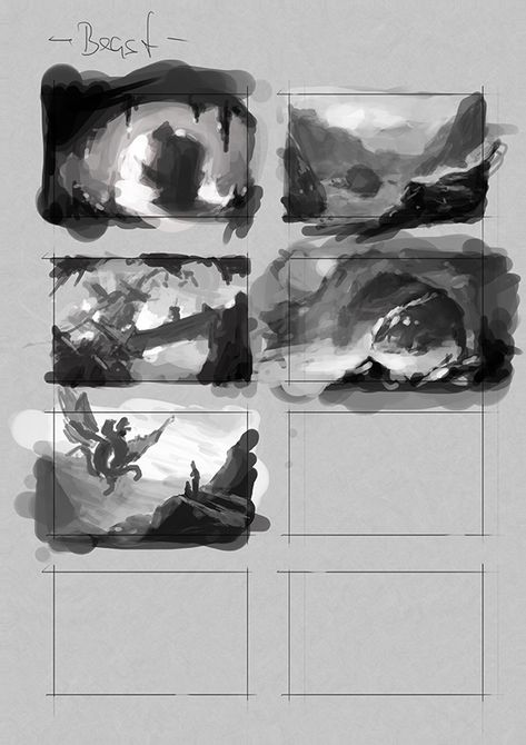 duktusdigital.de - study 8 value & composition Landscape Painting Compositions, Value Thumbnails, Composition Digital Art, Grayscale Value Study, Values Study Reference Art, Concept Art Composition, Black And White Concept Art, Multiple Characters Composition, Illustration Composition Ideas