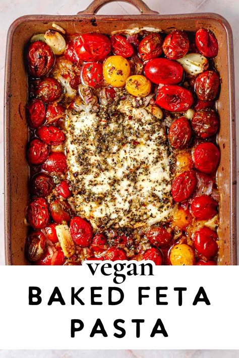 This vegan baked feta pasta is bursting with seasonal flavors like ripe cherry tomatoes and basil. It’s made with a dairy-free tofu feta that when mixed with the roasted tomatoes creates an incredibly creamy pasta sauce! This vegan baked pasta dish is great in the summer but can be made year round. It's ready in under an hour, perfect for weeknight and it makes tons of food (perfect for meal prepping)! This is a vegan adaptation of the tiktok viral baked feta recipe. Cherry Tomato Feta Pasta, Tofu And Tomato Recipe, Cherry Tomato Feta, Tomato Feta Pasta, Baked Feta Recipe, Pasta Tiktok, Tofu Pasta, Tofu Feta, Roasted Tomato Pasta