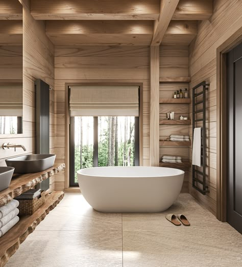 House by the river on Behance Log House Bathroom, Log Home Bathrooms, House By The River, Alpine House, Aspen House, Restroom Design, Bathroom Design Trends, Scandi Home, Cottage Interior