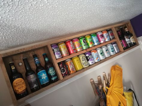 Bottle Shelf, Beer Can Display Ideas, Old Beer Cans, Beer Wall, Beer Storage, Can Storage, Utility Rooms, Wall Racks, Beer Can