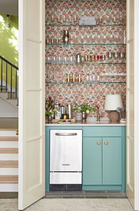 Wet Bar Designs, Bar Nook, Maximalist Wallpaper, Antique Brass Floor Lamp, Checkerboard Floor, Chic Spaces, White Subway Tile, Living Room Bar, Wet Bars