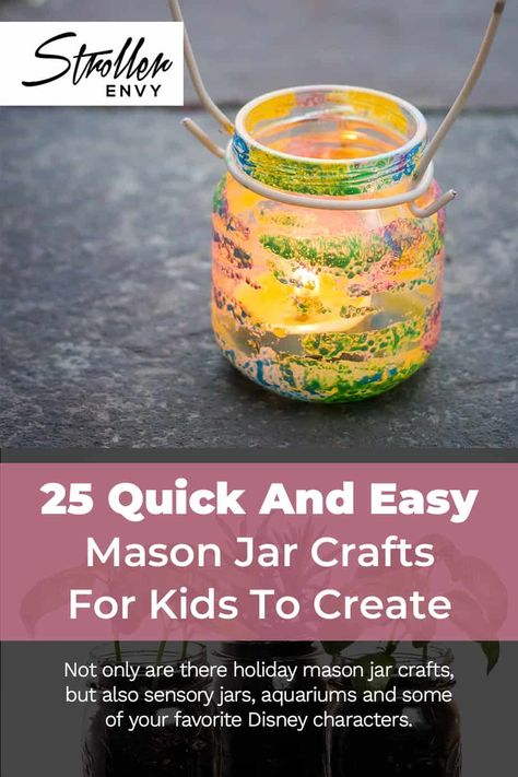 These simple and inexpensive mason jar crafts will give your kids the creative outlet they need! From sensory jars to holiday creations, these easy crafts are sure to satisfy a large age range! Some of these ideas can even leave them mesmerized for more than a few minutes! #masonjarcrafts #craftsforkids #easycrafts Glass Jar Gift Ideas, Mason Jar Crafts For Kids, Jar Crafts For Kids, Holiday Mason Jar Crafts, Crafts For Kids At Home, Snow Globe For Kids, Sensory Jars, Mason Jar Pumpkin, Easy Mason Jar Crafts