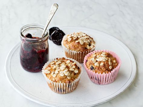 Oatmeal & Prune Muffins with Blueberries Prune Muffins, Muffins With Blueberries, Prune Recipes, Blueberry Oatmeal, Oatmeal Muffins, Feel Good Food, Blueberry Recipes, Funnel Cake, Healthy Muffins