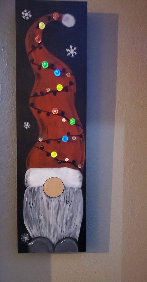 Christmas Gnome Painting Canvas Diy, Reindeer Painting On Wood, Christmas Board Painting, Christmas Gnome Porch Sign, Christmas Painted Boards, Christmas Nomes Paintings, Gnome Christmas Sign, Painting Gnomes On Wood, Easy Christmas Gnome Painting