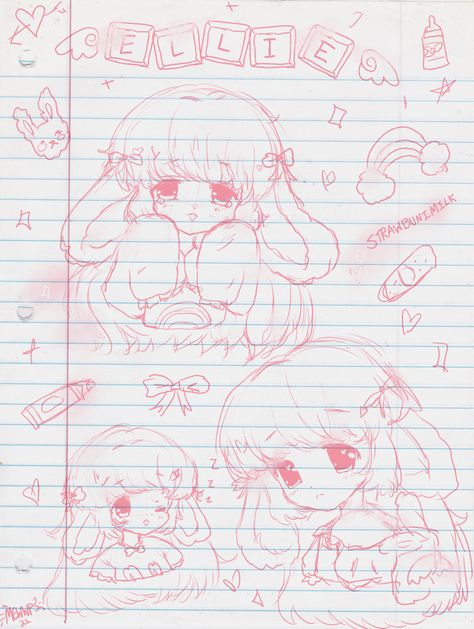 Cute Pink Doodle by @mewwps : A notebook sketch page I did for @strawbunimilk recently!! I love them with all my little heart!! #strawbunimilk #my art #pink #pastel #pastelcore #babycore #sanrio #kawaii #cute #art Notebook Sketches Drawings, Cute Journal Fonts, Cafe Cute Drawing, Aesthetic Notebook Drawings, Ideas For The First Page Of A Sketchbook, Pink Sketchbook Page, Note Book Sketches, Cute Drawings Pink, Kawaiicore Drawing