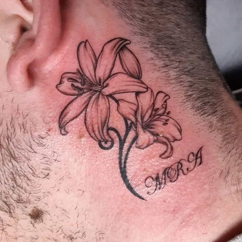 Easter Lily Tattoo, Lily Tattoo Ideas, Tattoo Lily, Lily Tattoo Meaning, Flower Neck Tattoo, Iris Flower Tattoo, Men Flower Tattoo, Name Tattoo Ideas, Lillies Tattoo