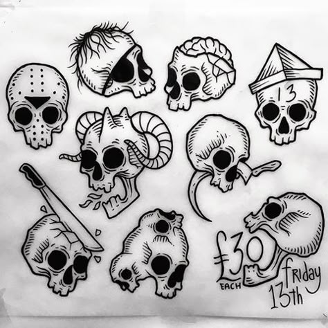 Flash Tattoo Horror, Friday The 13th Flash Sheet, Friday The 13th Tattoo Flash Sheet, Skull Flash Tattoo, Friday The 13th Tattoo Flash, Friday The 13th Tattoo, 13 Tattoos, Friday 13th, Flash Tattoo Designs