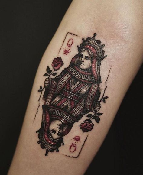 Taesin Tattoo, Black Work Tattoo, Poker Tattoo, Playing Card Tattoos, Queen Of Hearts Tattoo, Geometric Tattoo Sleeve Designs, Card Tattoo Designs, Polynesian Tattoos, Work Tattoo