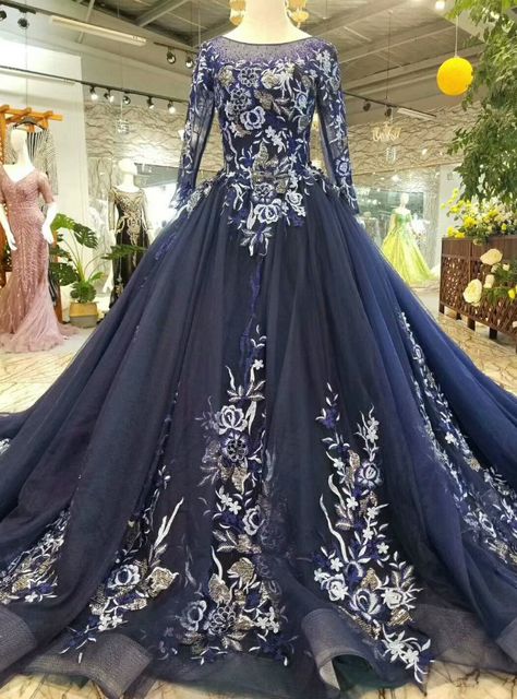 Blue Wedding Dress, Wedding Dress With Train, Feather Prom Dress, Muslimah Wedding Dress, Tulle Embroidery, Long Sleeve Wedding Dress, Dress With Train, Indian Gowns Dresses, Blue Wedding Dresses