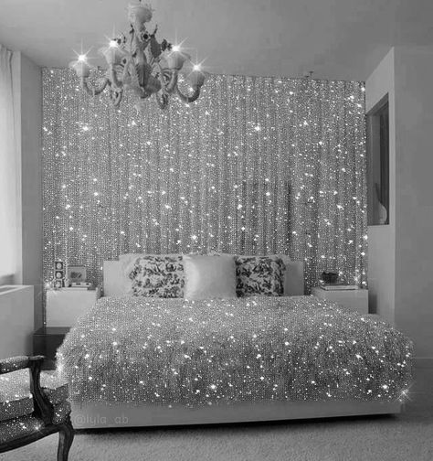 Glittery Bed, Black And Silver Bling Bedding Sets, Sparkly Bedroom, Badazzel Bed, Grey Bedroom Wallpaper Glitter, Bling Bedroom, Black Sparkly Bed Set, Gothic Bedroom Ideas, Gothic Bedroom