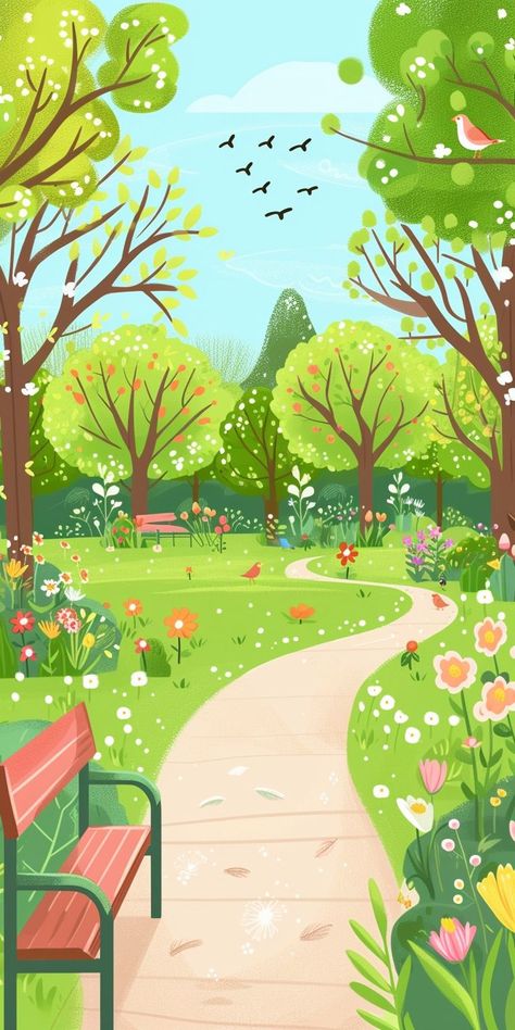 Nature Cartoon Wallpaper, Cartoon Garden Aesthetic, Spring Illustration Art Nature, Spring Landscape Illustration, Cut Wallpapers, Desktop Wallpaper Scenery, Nature Aesthetic Pictures, Computer Wallpaper Desktop Wallpapers Aesthetic, Spring Garden Illustration