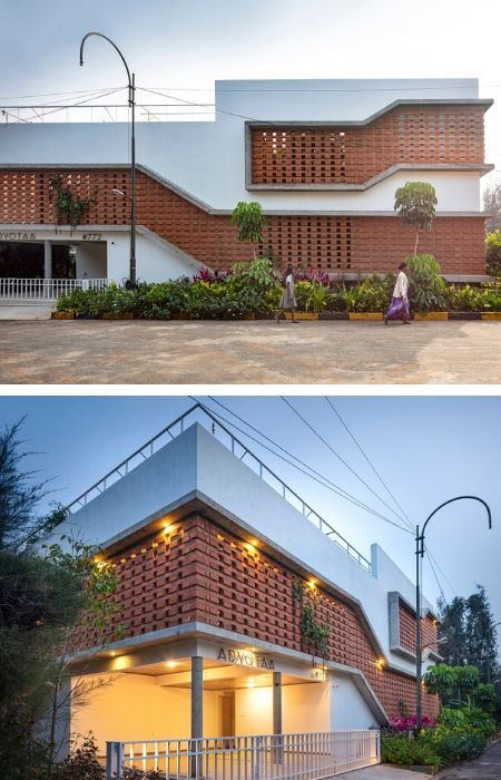 Brick Facade Design Architecture, Brick Jaali Design, Brick Facade Architecture Modern, Jali Facade, Brick Facade House, Roster Facade, Jaali Facade, Brick Facade Design, Brick Elevation