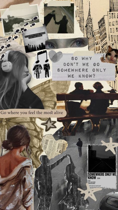 Song Lyric Collage Art, Somewhere Only We Know Aesthetic, Song Lyric Collage, Song Lyrics Collage, Lyrics Collage, Song Collage, Collage Phone Wallpaper, Music Room Design, Movie Collage