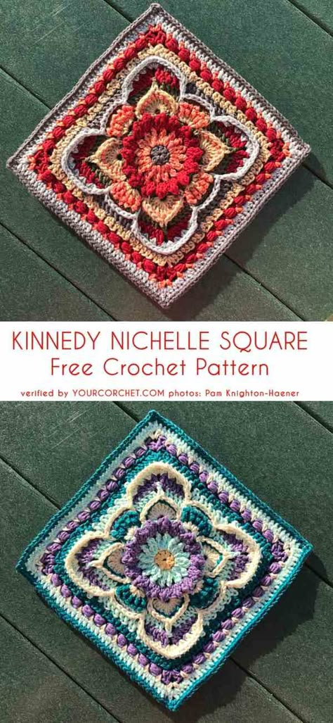 Kinnedy Nichelle Square Free Crochet Pattern Motifs Afghans, Granny Square Häkelanleitung, Motifs Granny Square, Granny Square Quilt, Crochet For Beginners Blanket, Crochet Mandala Pattern, Crochet Granny Square, Crochet Square Patterns, Granny Squares Pattern