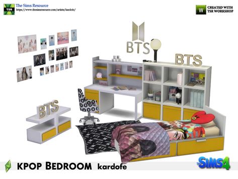 Sims 4 — kardofe_kpop Bedroom by @kardofe — Set of 15 new meshes to decorate a typical kpop music fan's room. #featuredartist Sims 4 Cc Furniture Kpop, Sims 4 Kpop Cc Decor, Sims 4 Kpop Cc Clothes, Sims 4 Kpop Cc, Kpop Bedroom, Bedroom Sims 4, Men Room Decor, Sims Room, Cc The Sims 4