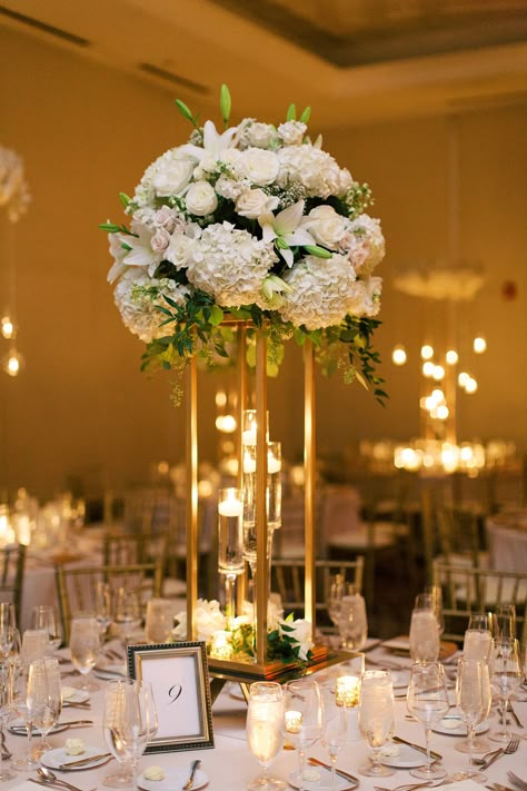 Wedding Centerpieces Elegant Table Decor, Wedding Reception Table Decor Ideas, Luxe Wedding Centerpieces, High Floral Centerpieces Wedding, Tall Acrylic Wedding Centerpieces, Large Wedding Centerpieces, Wedding High Top Table Flowers, Elegant Wedding Reception Decorations, Tall All White Flower Centerpieces Wedding