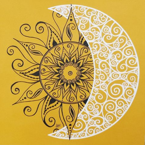 Moon Stars Art, Staedtler Pens, Sun Mandala, Lotus Art, Drawing Black, Tangle Patterns, Celestial Art, Sun Art, Mandala Painting