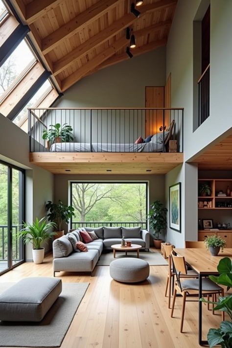 Lofted Master Suite, Loft Looking Over Living Room, Small Home Loft Ideas, Loft Over Kitchen High Ceilings, Loft Above Living Room, Home Office Loft Ideas, Mezzanine Decor, Loft Library Ideas, Loft Ideas Upstairs Cozy