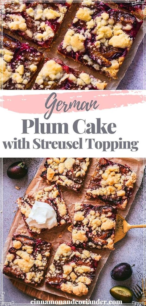 A traditional German plum cake recipe topped with crunchy streusel on simple shortcrust pastry! Zwetschgendatschi is classic German baking at its best! Plum Recipes Cake, Traditional Christmas Baking, German Plum Cake, Plum Cake Recipe, Streusel Topping Recipe, German Pastries, German Desserts, Plum Recipes, German Baking