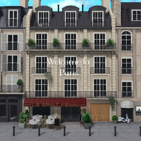 French Apartment Exterior Bloxburg, Cafe With Apartment Above Exterior, Aesthetic Bloxburg Apartment Exterior, Nyc Apartment Aesthetic Bloxburg, French Townhouse Exterior, Blockburg Apartment, Paris Home Exterior, Downtown Bloxburg House, City Aesthetic Bloxburg