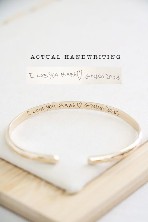 This cuff bracelet is the newest addition to our bracelet collection! The outside of the cuff has a smooth or textured surface, while the inside can be personalized in so many ways. Choose your favorite phrase, names, special date to be engraved or choose actual handwriting to be engraved. Bracelet is made from solid sterling silver metal or 14K yellow gold filled metal. Cuff bracelet is somewhat adjustable to allow widening and tightening at the back. 100% nickel and lead free. Bracelet is avai Engravable Bracelets, Engraving Bracelet, Etched Jewelry Ideas, Thoughtful Thank You Gifts, Engraved Cuff Bracelet As Gift, Etched Cuff Jewelry As A Gift, Personalized Gold Bracelets, Gift For Wife, Elegant Engraved Cuff Bracelet For Personalized Gift