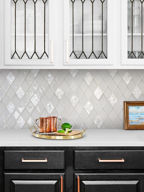 13+ Shell Backsplash Ideas (NATURAL BEAUTY) - Shell Tiles Diamond Pattern Backsplash, Tile White Kitchen, Pattern Kitchen Backsplash, Kitchen Backsplash Ideas White Cabinets, Arabesque Tile Backsplash Kitchen, Kitchen Tile Backsplash Ideas, Shell Backsplash, Diamond Backsplash, Arabesque Tile Backsplash