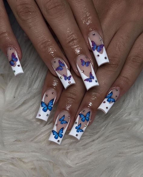 Butterfly Nail Art Cute Acrylic Nails Butterfly, Short Nail Designs Blue Butterfly, Nail Idea Butterfly, Butterfly And Rhinestone Nails, Blue And Butterfly Nails, Clear Nails With Butterfly Design, Gel X Butterfly Nails, Butterfly Nail Stickers Designs, Cute Nails Butterflies