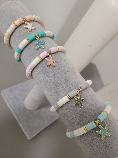 Clay Need Bracelets, Starfish Clay Bead Bracelet, Seashell Clay Bead Bracelet, Bff Bracelets For 2 Clay Beads, Mermaid Clay Bead Bracelet, Bracelet Colors Ideas Clay Beads, Braclet Ideas Clay Bead Aesthetic, Cute Clay Beads Ideas, Beach Clay Bracelets