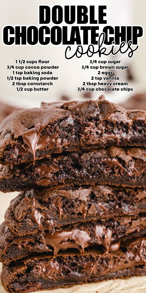 stack of double chocolate chip cookies Cocoa Chocolate Chip Cookies, Chocolate Cookie Base Recipe, Best Chocolate Chocolate Chip Cookies, Chewy Chocolate Chocolate Chip Cookies, Cookie Recipes Using Chocolate Chips, Cookies With Chocolate Drizzle, Double Chocolate Chip Cookies Recipe, Quick Chocolate Dessert Recipes, Baking Cocoa Powder Recipes