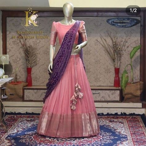 Lehanga Boat Neck Designs, Boat Neck Lehangas, Boat Neck Blouse For Lehenga, Bandhini Half Sarees, Boat Neck Long Frock Designs, Boat Neck Gown Designs, Onion Pink Blouse Designs, Chanderi Blouse Design, Half Saree Blouse Designs Back Neck