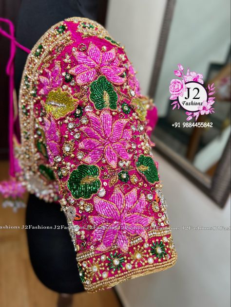 3d Maggam Work, Lotus Aari Work Blouse Designs, Lotus Aari Work, 3d Aari Work Blouse, Bridal Blouse Work, Applic Work, Embroidery Drawings, Gold Blouse Designs, Floral Blouse Designs