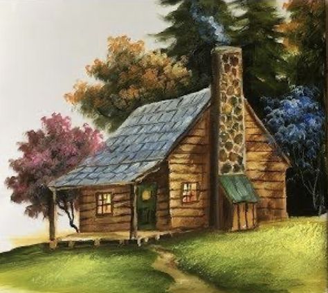 How To Draw A Log Cabin, Cabin Illustration Drawings, Log Cabin Painting, Cabin In Woods Drawing, Forest Cabin Painting, Log Cabin Painting Acrylic Easy, Cottage In Woods, Western Journal, Woods Painting