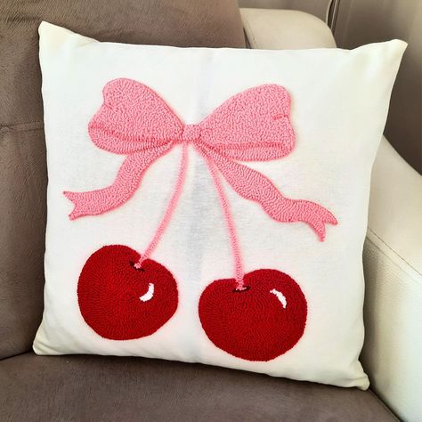 Handmade Cherry Bow Pillow Cover, Pink Coquette  Room Decor, Summer Decoration, Best Housewarming Gift, Dorm Room Decoration, Gift for Daughter, Gift for Bestfriend  This cute cherry Pink bow embroidered throw pillow cover will change the atmosphere of your living room,dorm room, bedroom or garden  and add elegance. It has a 3D fluffy appearance with the embroidery technique used. * It is not machine embroidery or printing. It was made by me using handcrafted punch embroidery technique. This pillow is Punch Needle embroidered with cotton thread on a light  Cream colored duck linen fabric. It does not release thread and cannot be removed as a strong adhesive is used.  * The fabric in this list is not White. But if you want a different color, you can send me a message and tell me your wishes Pink Red Room Decor, Pink And Red Decor Home, Red Decor For Bedroom, Diy Pillow Covers Decorative Craft Ideas, Cherry Home Decor, Pink And Red Room Decor, Bow Bedroom Decor, Cherry Bedroom Decor, Pink Red Room