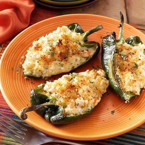 Shrimp-Stuffed Poblano Peppers Recipe -I created this dish for my mother when she moved back to our hometown. Since she really enjoys shrimp and slightly spicy food, I decided to create a shrimp-stuffed poblanos to surprise her. She was delighted.—Tina Garcia-Ortiz, Tampa, Florida Poblano Recipes, Stuffed Poblanos, Poblano Peppers Recipes, Chile Poblano, Poblano Peppers, Shrimp Dishes, Stuffed Poblano Peppers, Peppers Recipes, Mexican Dishes