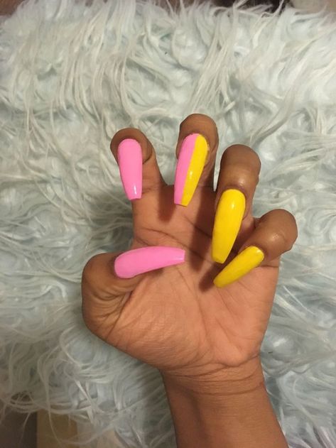 Split Color Nails, Color Nails, Summer Acrylic Nails, Pink Acrylic, Pink Acrylic Nails, Acrylic Nails Coffin, Coffin Nails Designs, Fire Nails, Dream Nails