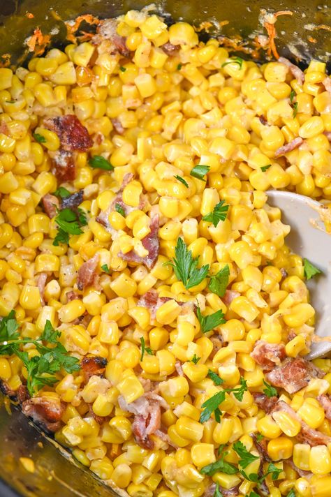 Slow Cooker Cheddar Corn with Bacon Slow Cooker Cheddar Corn With Bacon, Slow Cooker Cheddar Corn, Corn With Bacon, Classy Dinner Party, Cheddar Corn, Bacon Cheeseburger Casserole, Lunch Sides, Cheese Corn, Pork Bacon