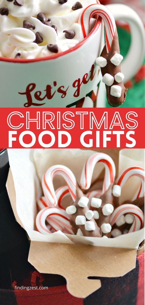 Mini candy canes are dipped halfway in chocolate and then tiny marshmallows are sprinkled on the bottom. Top image shows the mini candy cane hanging on the side of a mug of hot cocoa with whipped cream and mini chocolate chips. Bottom image shows a group of candy canes in a small decorative box with parchment for gift giving. Chocolate Dipped Candy, Easy Christmas Food, Dipped Candy, Christmas Candy Crafts, Fun Holiday Food, Diy Christmas Candy, Edible Christmas Gifts, Hot Cocoa Mix, Mini Candy Canes