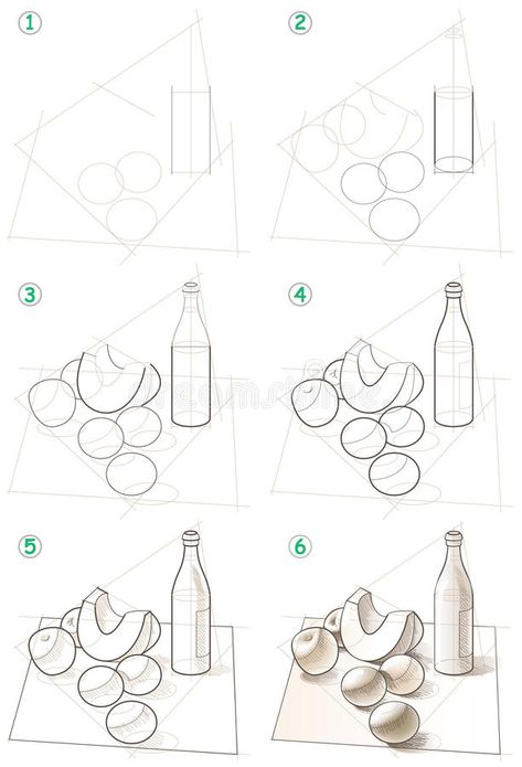 Page shows how to learn step by step to draw a still life. stock illustration Still Life Drawing Ideas, Easy Still Life Drawing, Basic Sketching, Draw Easy, Art Basics, Object Drawing, Geometric Drawing, Drawing Studies, Basic Drawing