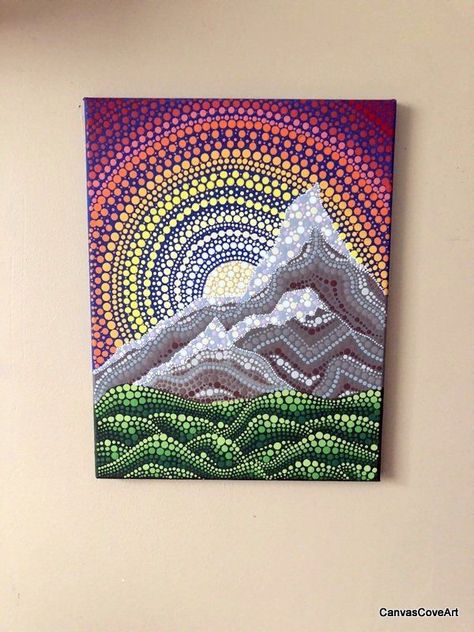 Abstract Pointillism, Sunset And Mountains, Pointalism Art, Dotted Art, Mandala Rock Art, Mandala Canvas, Mountains Landscape, Mandala Art Lesson, Landscape Paintings Acrylic