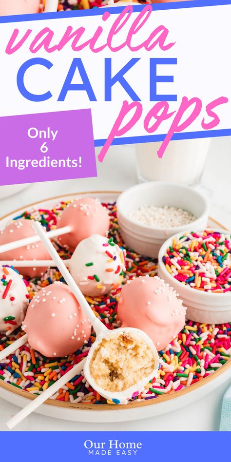 This easy cake pop recipe is the perfect budget-friendly dessert! Made with boxed cake mix, vanilla frosting, and candy melts, these homemade cake pops are great for parties, holidays, or baby showers. #cakepops #starbucks #ourhomemadeeasy #babyshowers #firstbirthday