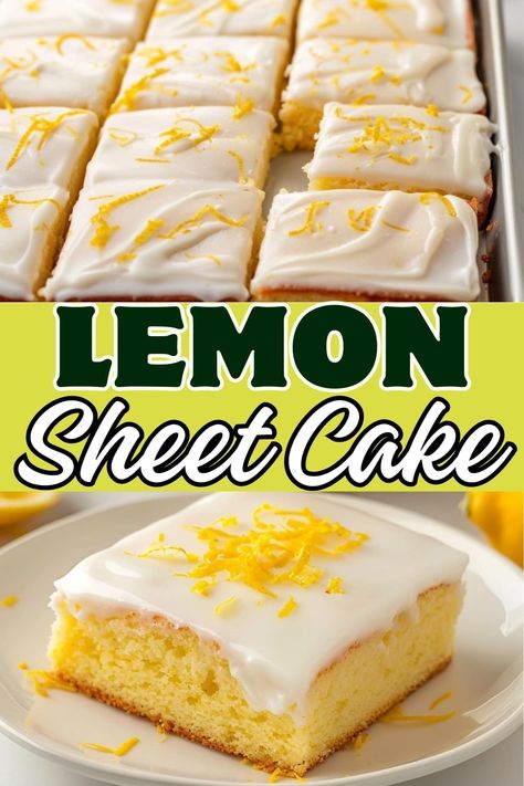 This easy lemon sheet cake features a buttery, citrus-packed sponge and sweet, tangy lemon glaze. Bring it to your next potluck, and watch it disappear. Lemon Poppyseed Sheet Cake, Easy Lemon Cake Mix Recipes, Lemon Cake Ideas, Easy Sheet Cake Recipes, Lemon Sheet Cake Recipe, Lemon Glaze Icing, Lemon Sheet Cake, Easy Lemon Cake, Sheet Cake Ideas