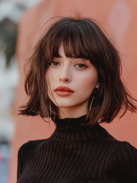 Bobs With Wispy Bangs, Carre Haircut, Angled Bob With Bangs, Italian Bob Haircut, Angled Bob Haircut, Jayne Matthews, Bob Pendek, Italian Bob, Shoulder Length Bob Haircut