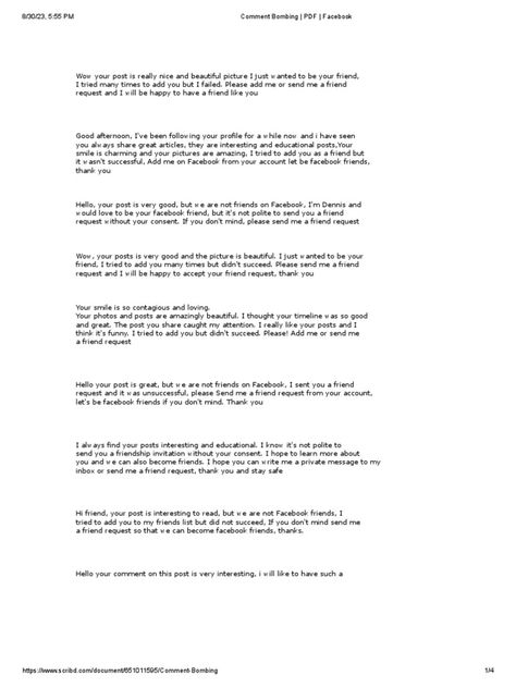 The document appears to contain many identical or near-identical comments left on a Facebook profile requesting friendship. The comments note that friendship requests were unsuccessful and ask the profile owner to send a friend request instead. The comments praise aspects of the profile like photos and posts in an effort to be added as a friend. Comment Message Request Png, Post Comments Ideas, Comments On Best Friend Post, Friend Request Facebook, Facebook Friend Request, Text Conversation Starters, Friend Request, Message Request, Trust Love