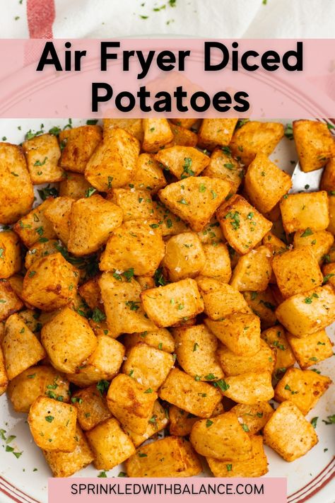 Air Fryer Diced Potatoes Air Fryer Diced Potatoes, Baked Diced Potatoes, Potato Side Dishes Easy, Air Fry Potatoes, Canned Potatoes, Veggie Fries, Seasoned Potatoes, Easy Potato Recipes, Hashbrown Recipes