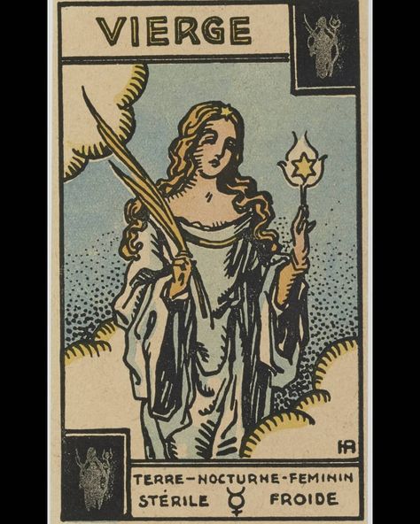 Laetitia on Instagram: “The first of three "Virgo" cards from one of my favorite deck of all time, the Astrological Tarot, designed by Henri Armengol in 1927.…” Vintage Tarot Cards, Virgo Art, Virgo Constellation, Virgo Tattoo, Vintage Tarot, Tarot Astrology, Virgo Horoscope, Astrology Art, Card Tattoo