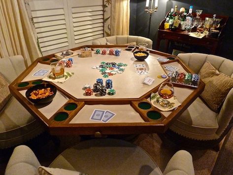 Game table Dinning Room Game Table, Card Table Game Room, Bar Game Table, Round Card Table, Cozy Board Game Room, Game Night Table, Hunter Douglas Shutters, Game Room Ideas Man Caves, Custom Poker Tables